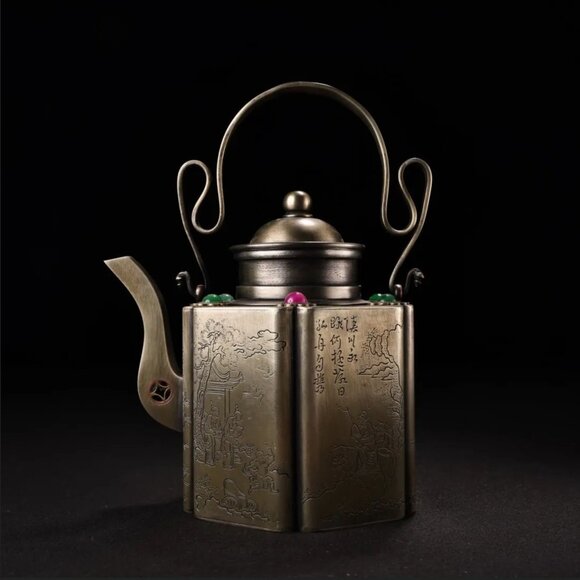 Vintage Chinese White Copper Inlay Gems Handle Teapot - Picture 2 of 10